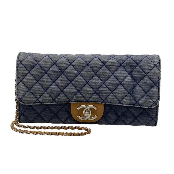 Auth CHANEL Matelasse Blue Light Brown Denim Lambskin Other Style Wallet - Picture 1 of 13
